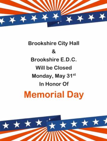 City of Brookshire Administrative Offices & Brookshire E.D.C. Will be Closed