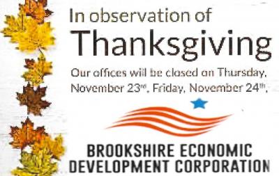 City of Brookshire offices and Brookshire E.D.C. will be closed Thursday, November 23rd, and Friday, November 24th  in observanc