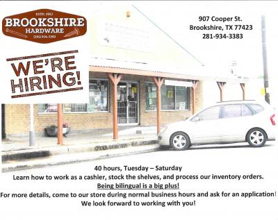 Brookshire Hardware Now Hiring!