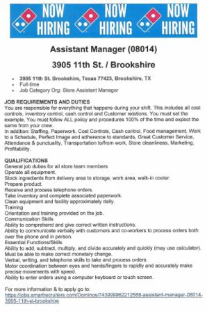 Dominos Now Hiring / Assistant Manager