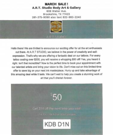 A.R.T. Studio Body Art & Gallery MARCH SALE!