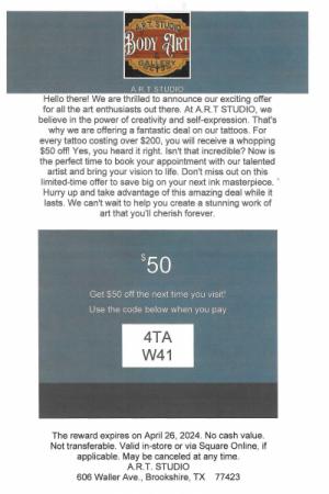 A.R.T. Studio Body Art & Gallery Offering another Sale