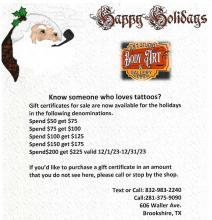 A.R.T. Studio Body Art & Gallery Christmas Gift Certificates for Sale!