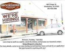 Brookshire Hardware Now Hiring!