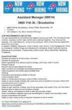 Dominos Now Hiring / Assistant Manager