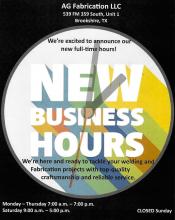 AG Fabrication LLC Has New Business Hours!